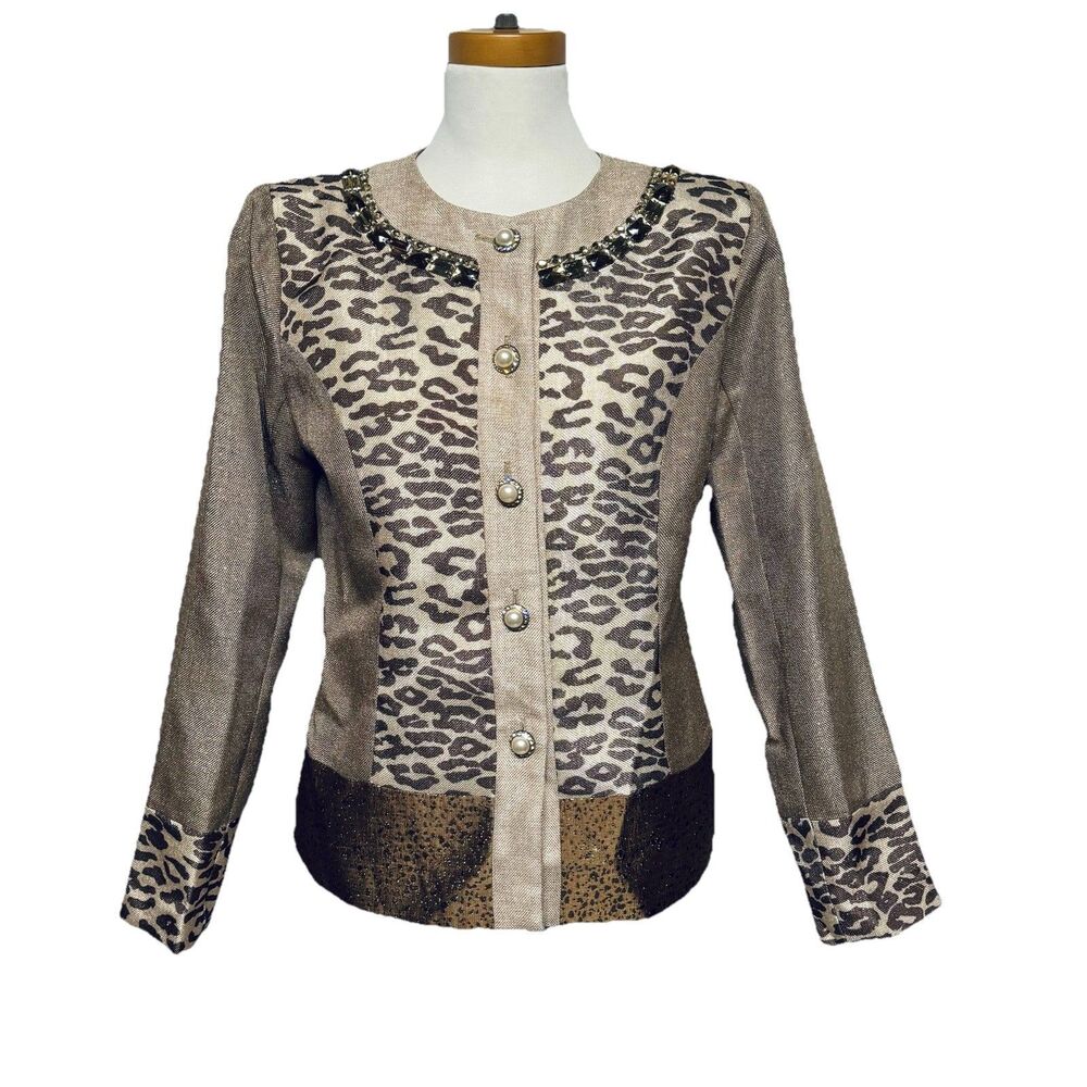 Julia K Animal Print Metallic Thread Jacket Big Pearl / Rhinestone Buttons NWT M